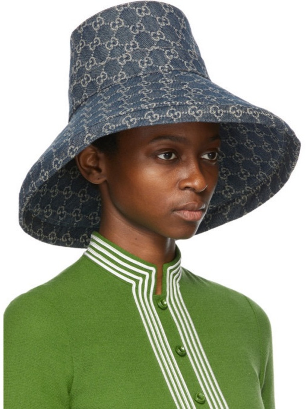 Denim Monogram Bucket Hat Large Wide Brim Jacquard Canvas Navy Blue Sun Beach - Picture 14 of 16